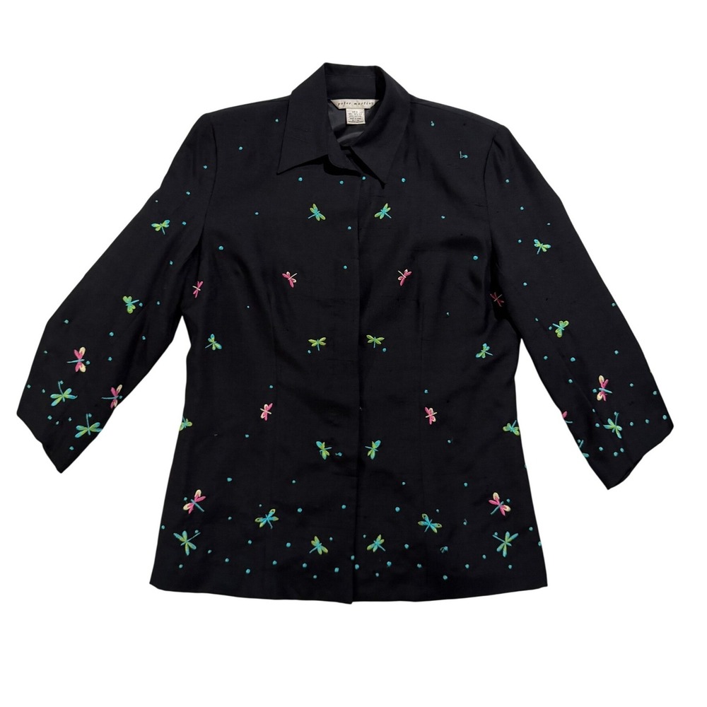 Y2K Peter Martin Black Silk Embroidered Dragonfly Button Front Blouse Size 4